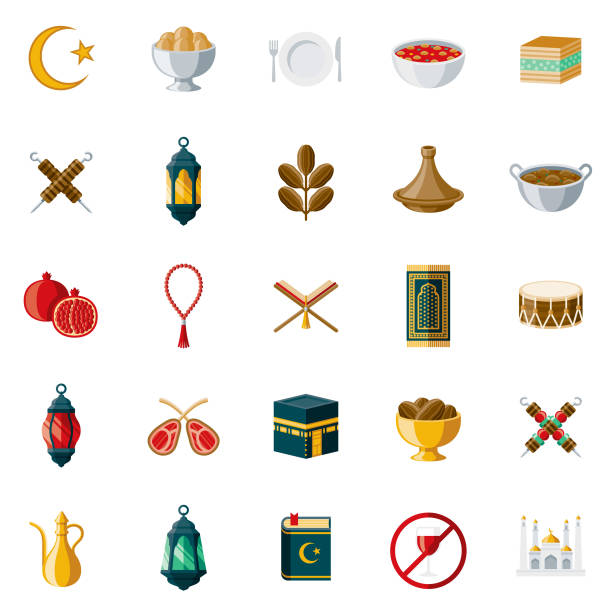 Ramadan Flat Design Icon Set A set of 25 Ramadan flat design icons on a transparent background. File is built in the CMYK color space for optimal printing. Color swatches are Global for quick and easy color changes. fruit of islam stock illustrations