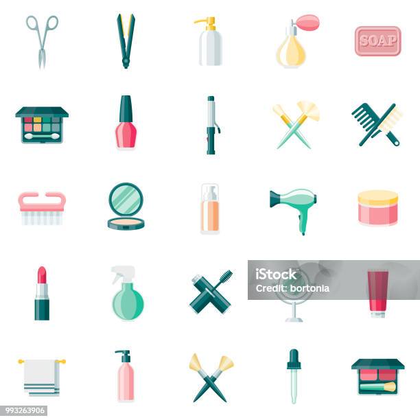 Jeu Dicônes De Beauté Cosmétiques Design Plat Vecteurs libres de droits et plus d'images vectorielles de Maquillage - Maquillage, Illustration, Vectoriel