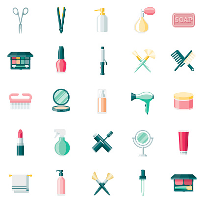 A set of 25 cosmetics and beauty flat design icons on a transparent background. File is built in the CMYK color space for optimal printing. Color swatches are Global for quick and easy color changes.