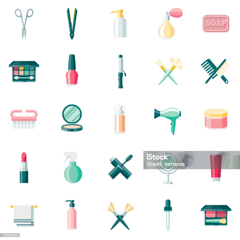 Beauty & Cosmetics Flat Design Icon Set A set of 25 cosmetics and beauty flat design icons on a transparent background. File is built in the CMYK color space for optimal printing. Color swatches are Global for quick and easy color changes. Make-Up stock vector