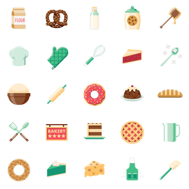 Flat Design Baking Icon Set A set of 25 bakery and baking flat design icons on a transparent background. File is built in the CMYK color space for optimal printing. Color swatches are Global for quick and easy color changes. apple pie cheese stock illustrations