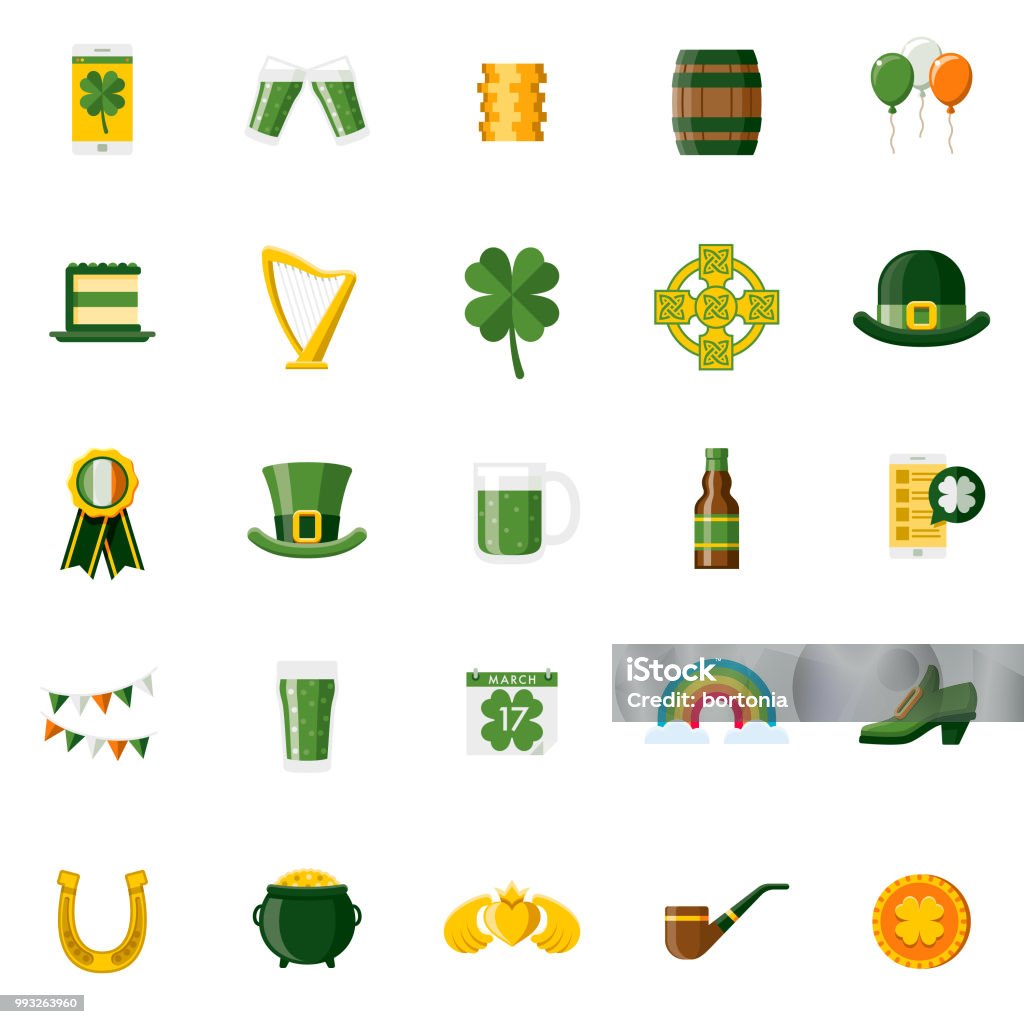 Flat Design St. Patrick's Day Icon Set A set of 25 Saint Patrick’s Day Irish flat design icons on a transparent background. File is built in the CMYK color space for optimal printing. Color swatches are Global for quick and easy color changes. St. Patrick's Day stock vector