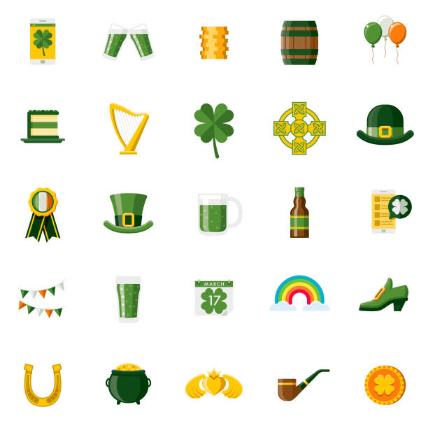 A set of 25 Saint Patrick’s Day Irish flat design icons on a transparent background. File is built in the CMYK color space for optimal printing. Color swatches are Global for quick and easy color changes.