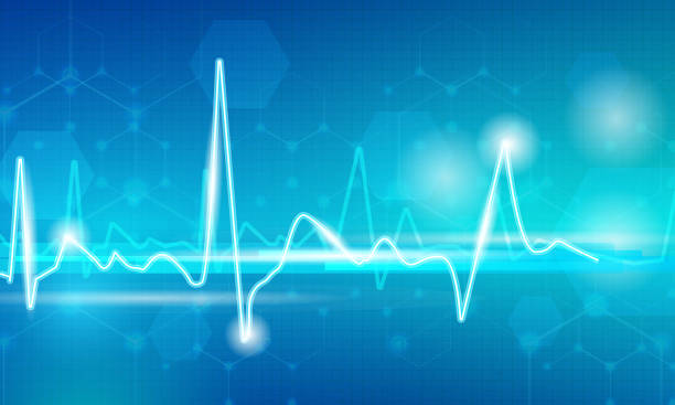 Pulse line on blue Pulse line with lighting dots on abstract blue background heartbeat stock illustrations