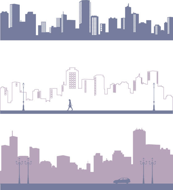 silhouette of town and city downtown, downtown, city, illustration cityscape clipart stock illustrations