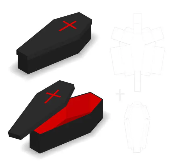 Vector illustration of Hard paper coffin box mockup with dieline