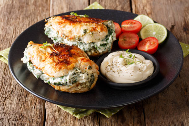 pieczona pierś z kurczaka nadziewane serem i szpinakiem, zbliżenie. poziomy - greek cuisine chicken grilled grilled chicken zdjęcia i obrazy z banku zdjęć