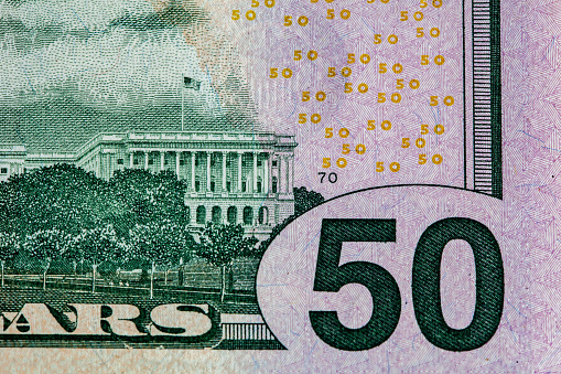 Closeup of fragment of 50 US dollars bill back side
