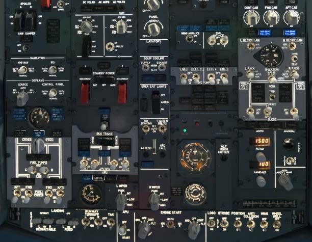 una vista de la cabina - commercial airplane throttle lever cockpit fotografías e imágenes de stock