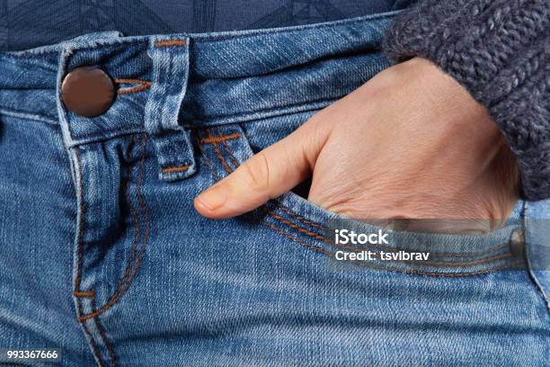 Female Hand In Blue Jeans Front Pocket Closeup Stock Photo - Download Image Now - Close-up, Hands In Pockets, Adult