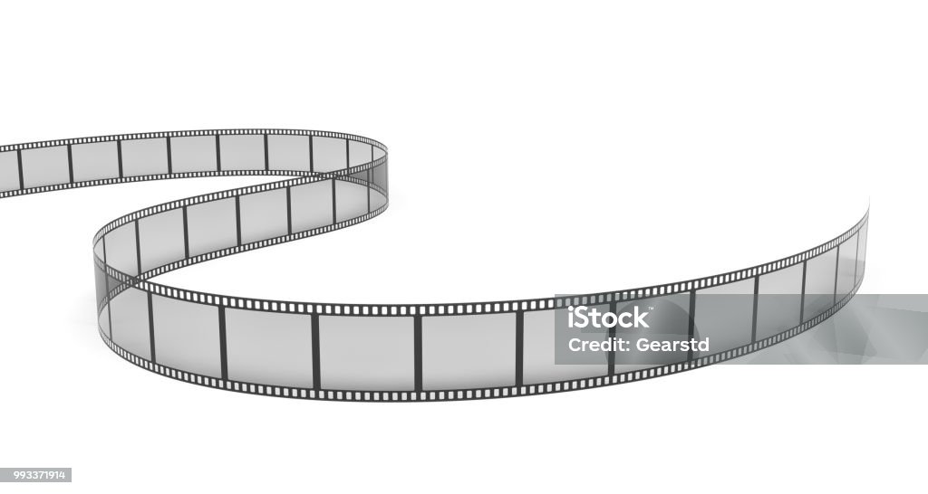 3d rendering of a single film strip arranged in turns and bends on white background 3d rendering of a single film strip arranged in turns and bends on white background. Media and art. Movies and films. Retro technologies. Movie Stock Photo