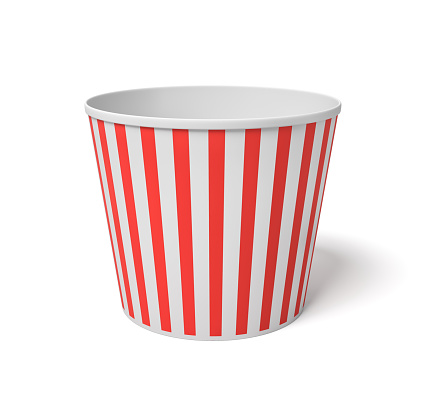 3d rendering of a large popcorn bucket with red and white stripes standing completely empty on a white background. Movie night. Empty carton bucket. Snacks to fill.