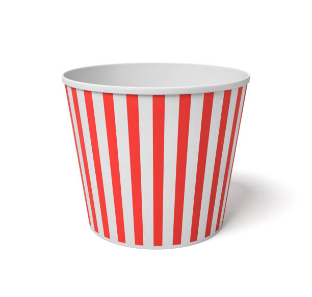 renderowanie 3d dużego wiadra popcorn z czerwonymi i białymi paskami stojącymi całkowicie pustymi na białym tle - popcorn snack bowl corn zdjęcia i obrazy z banku zdjęć