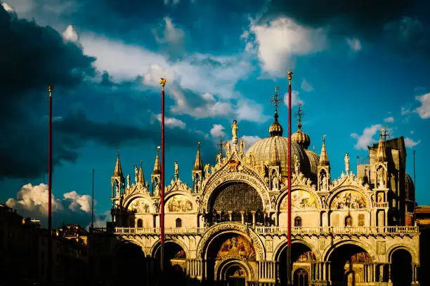 Sunlight illuminating Saint Mark's Basilica in Venice, Italy