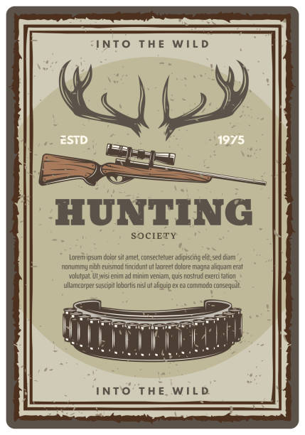 illustrazioni stock, clip art, cartoni animati e icone di tendenza di poster di schizzo della stagione aperta del club di caccia vettoriale - elk deer hunting animals hunting