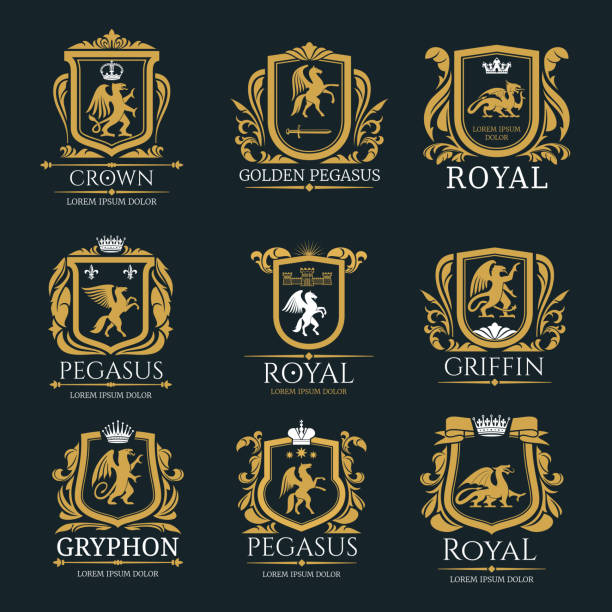 Heraldic royal animals vector isolated icons Heraldic royal coat of arms and heraldry signs set of Pegasus horse, Griffin bird or animal with golden crowns and stars. Vector isolated heraldic badges of mystic creatures in ornate shields animals crest stock illustrations