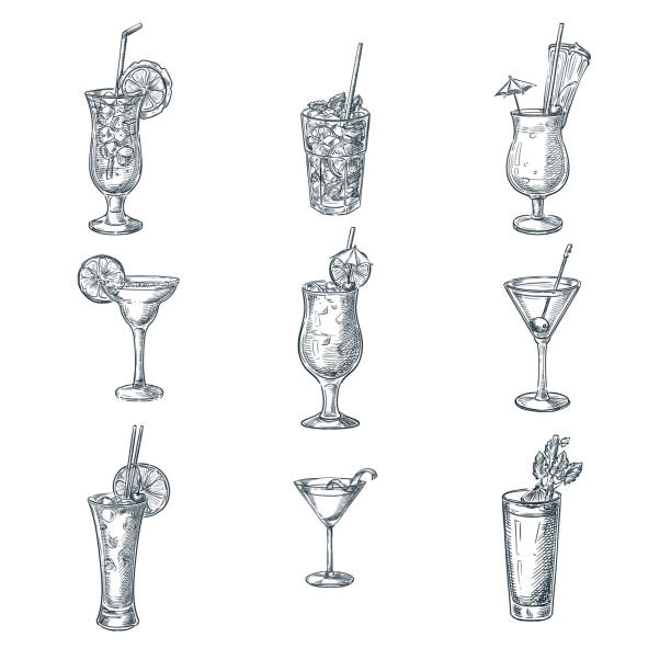 Alcohol cocktails sketch vector illustration. Set of isolated hand drawn beverages and drinks. Bar menu design elements Alcohol cocktails sketch vector illustration. Set of isolated hand drawn beverages and drinks. Bar menu design elements. cuba libre stock illustrations