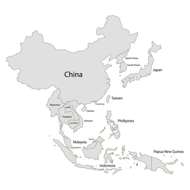 peta asia dengan nama negara - korea asia timur ilustrasi stok