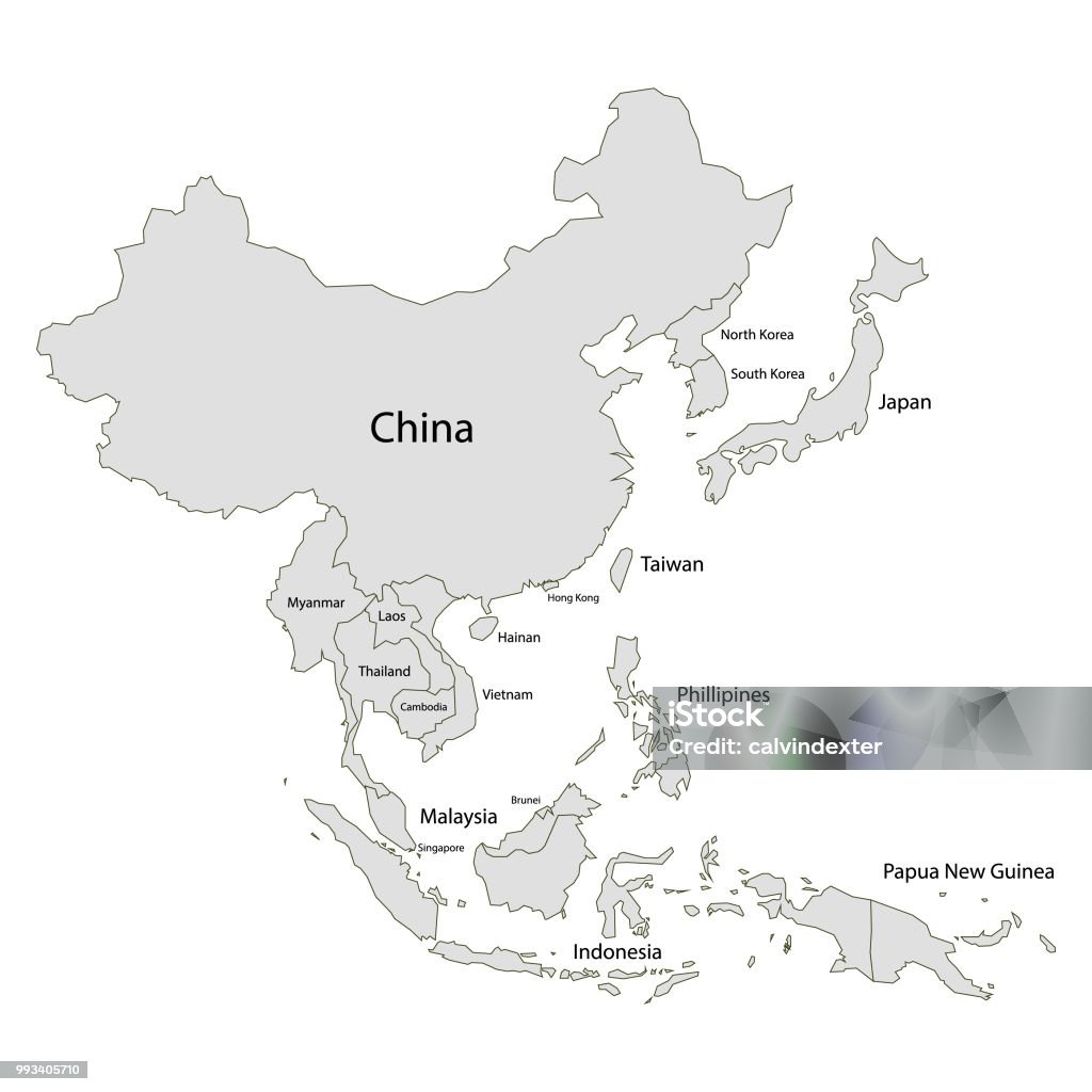 帶國名的亞洲地圖 - 免版稅地圖圖庫向量圖形