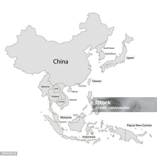帶國名的亞洲地圖向量圖形及更多地圖圖片 - 地圖, 亞洲, 中國