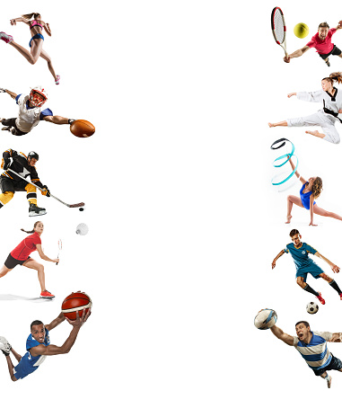 Attack. Sport collage about kickboxing, soccer, american football, basketball, ice hockey, badminton, taekwondo, aikido, tennis, rugby players and gymnast isolated on white background with copy space