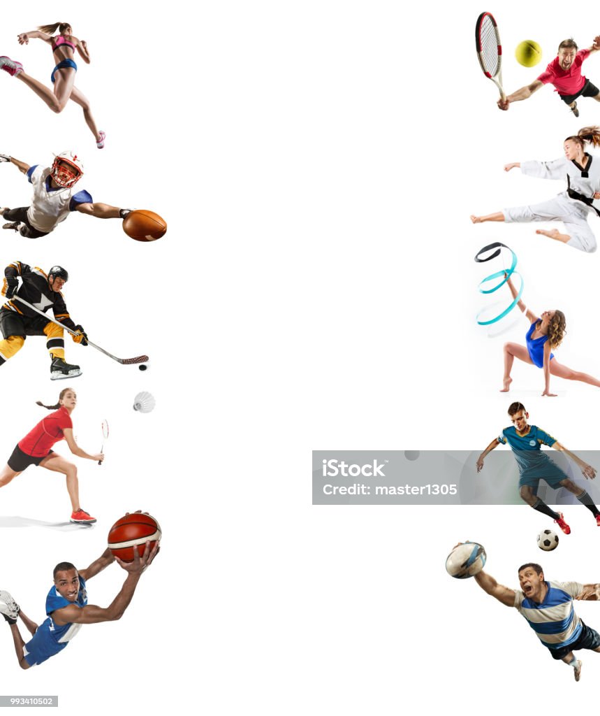 Sport collage about kickboxing, soccer, american football, basketball, ice hockey, badminton, taekwondo, tennis, rugby Attack. Sport collage about kickboxing, soccer, american football, basketball, ice hockey, badminton, taekwondo, aikido, tennis, rugby players and gymnast isolated on white background with copy space Sport Stock Photo