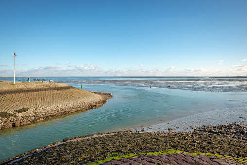 Port mouth of Yerseke on the Dutch estuary Oosterschelde. Yerseke is located on  Zuid-Beveland in the province of Zeeland. The village is the center of the oyster and mussel fishery in the Netherlands