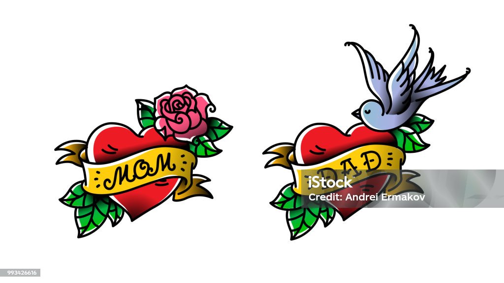 Tattoos With The Inscription Of Mom And Dad Two Hearts With A Flower And A  Bird Raster Flat Tattoo Congratulation For Parents With An Anniversary A  Tattoo For Loving Parents Tattoos In