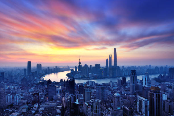 Shanghai Skyline Panoramic at Sunrise in Dramatic Sky, China
