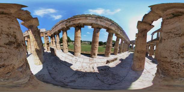 Paestum - Spherical glimpse of the Temple of Neptune Paestum, Salerno, Campania, Italy - July 1, 2018: Spherical photo of the Temple of Neptune temple of neptune doric campania italy stock pictures, royalty-free photos & images