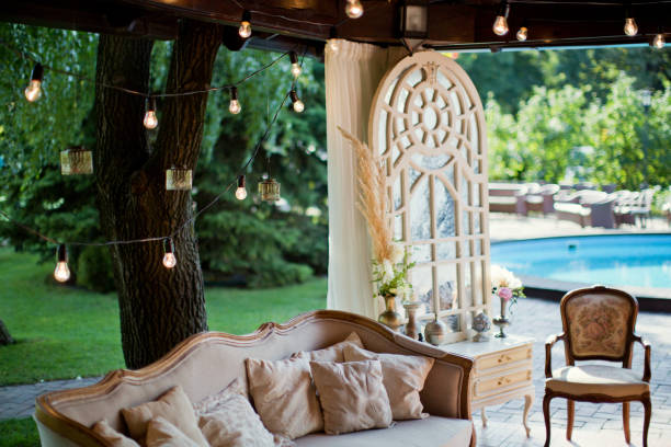 istock wedding lounge zone with sofa, boudoir table and lights 993432586