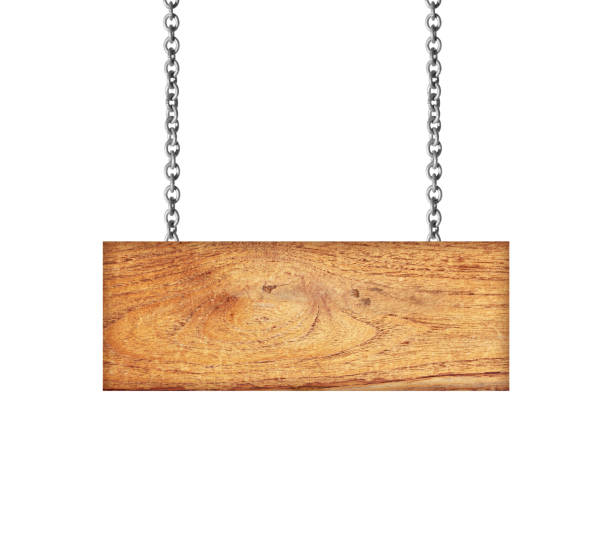istock Wooden sign hanging on a chain isolated on white 993442856