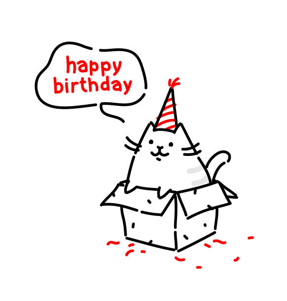 illustrations, cliparts, dessins animés et icônes de chat drôle de dessin animé, le félicite pour son anniversaire. illustration de plat vectorielle. le personnage est isolé sur fond blanc. kitty dans la boîte. vie du chat. caractère du site et l’impression cartes postales. cadeau. - humor pets loving vertical