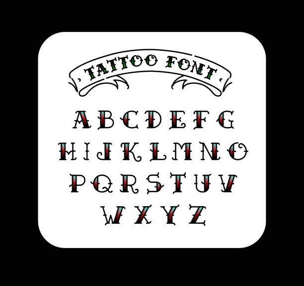 illustrazioni stock, clip art, cartoni animati e icone di tendenza di font nello stile del tatuaggio della vecchia scuola. alfabeto per tatuaggi. lettere di contorno con riempimento. una serie di lettere per tatuaggi. vettore piatto. lettere isolate su sfondo bianco. - tattoo