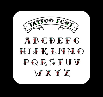 Font in the style of the old school tattoo. Alphabet for tattoos. Contour letters with a fill. A set of letters for tattoos. The flat vector. Letters isolated on white background.
