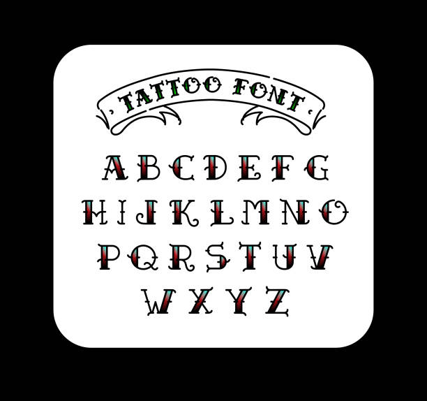 Font in the style of the old school tattoo. Alphabet for tattoos. Contour letters with a fill. A set of letters for tattoos. The flat vector. Letters isolated on white background. Font in the style of the old school tattoo. Alphabet for tattoos. Contour letters with a fill. A set of letters for tattoos. The flat vector. Letters isolated on white background. vintage tattoo styles stock illustrations