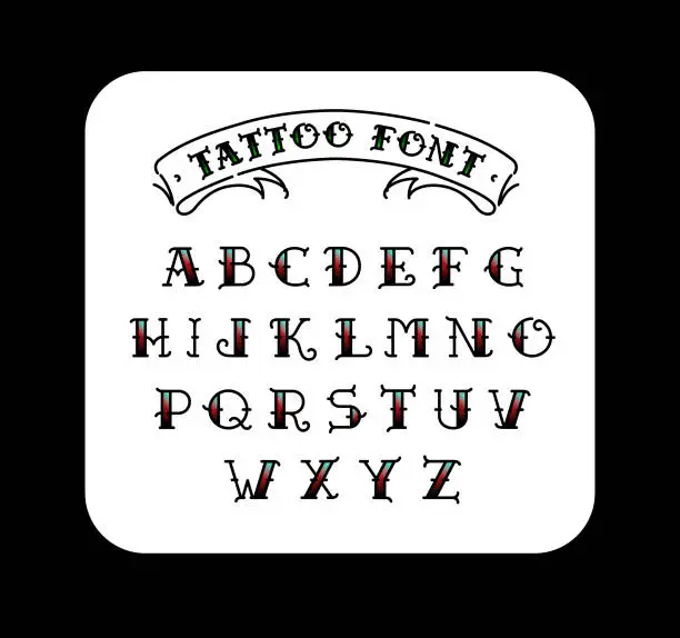 Vector illustration of Font in the style of the old school tattoo. Alphabet for tattoos. Contour letters with a fill. A set of letters for tattoos. The flat vector. Letters isolated on white background.
