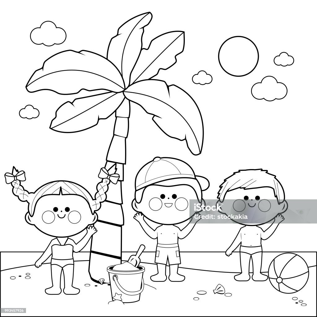 Children at the beach under a palm tree. Black and white coloring book page Three children with swimsuits at the beach playing under a palm tree. Vector black and white illustration Beach stock vector
