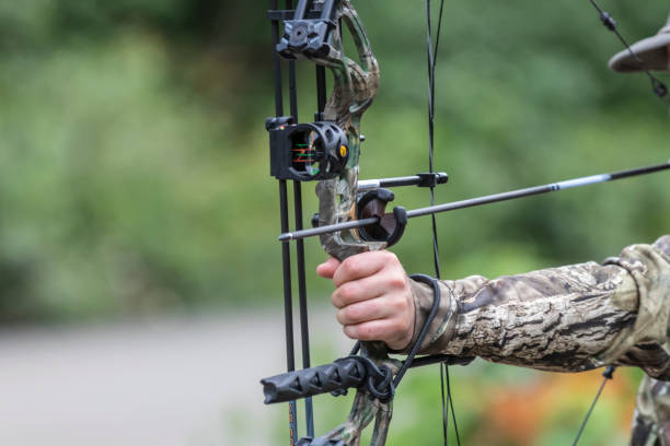 Someone Holding a Compound Hunting Bow and Arrow Someone Holding a Compound Hunting Bow archery bow stock pictures, royalty-free photos & images