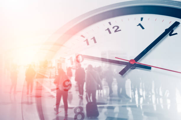 Business times concept people walking overlay with time clock Business times concept people walking overlay with time clock watch timepiece stock pictures, royalty-free photos & images