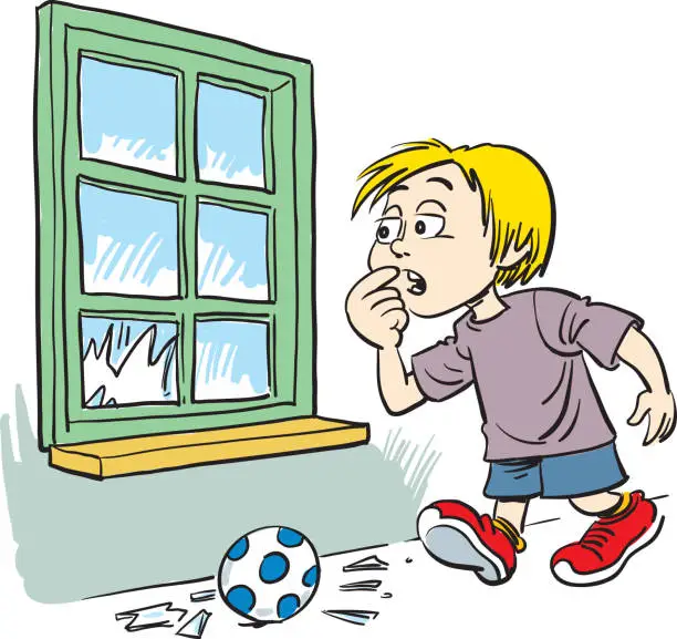 Vector illustration of boy with ball and broken glass