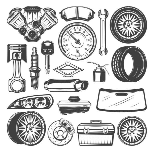 Car spare parts and instruments vector sketch set Auto spare parts and instruments sketch for car mechanics. Vector set of motor engine, motor oil or wrench and windshield, light alloy wheels and tires, exhaust pipe and rear view mirror or brakes engine illustrations stock illustrations