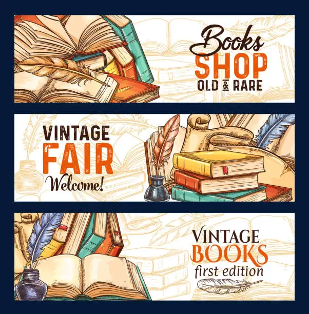 Vector illustration of Vector sketch banners of old rare vintage books