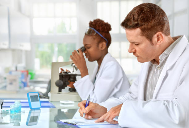 istock Scientists, male and female, work in research facility 993474232