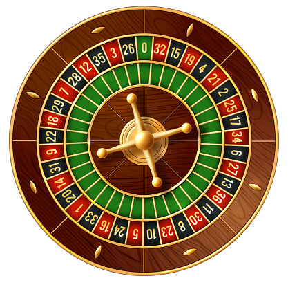 Casino roulette wheel game 3d vector of gambling industry. French or american style roulette with wooden ball track and golden turret for online casino or gamble sport betting design