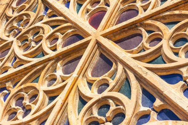 대성당의 산타 마리아의 팔 마로 알려진 라 세우, 외부에서의 가장 큰 장미 창. 팔 마, 마요르카 - stained glass glass art church 뉴스 사진 이미지