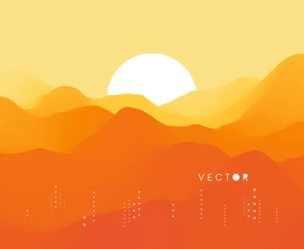 Vector illustration of Landscape with mountains and sun. Sunset. Mountainous terrain. Abstract background. Vector illustration.