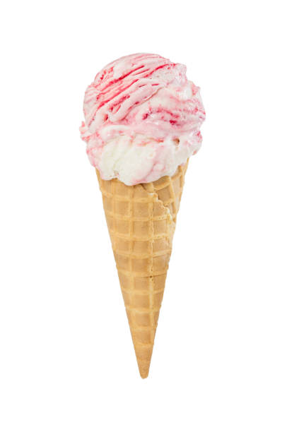 istock Strawberry-vanilla ice cream in waffle cone isolated on white 993486450