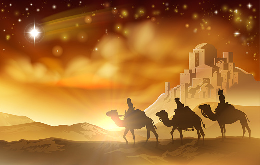 The three wise men magi on their journey following the star of Bethlehem and the city in the background. A nativity Christmas illustration