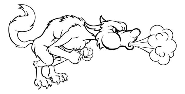 ilustrações de stock, clip art, desenhos animados e ícones de three little pigs big bad wolf blowing - book monster fairy tale picture book